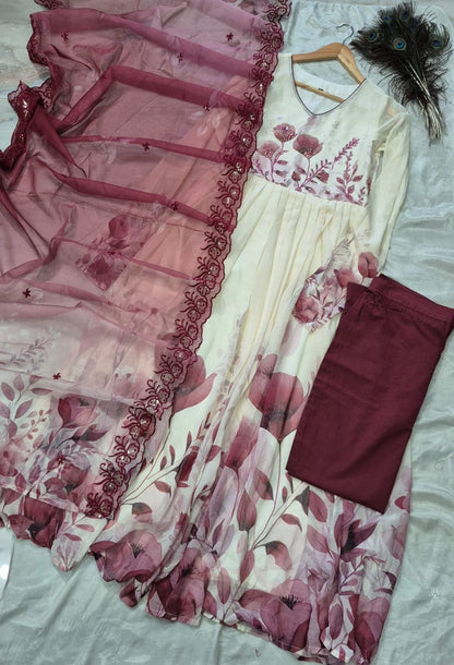 Georgette Anarkali 3pc suit set with Scalloped Dupatta