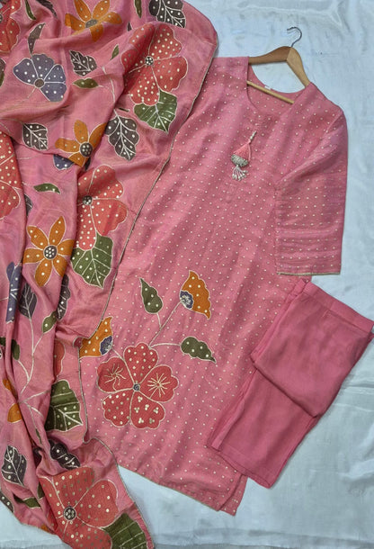 Premium Tissue 3pc Suit Set With Appliqué Work