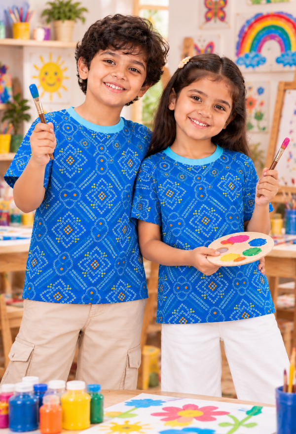Blue Bandhani Print T-Shirt for Kids