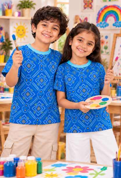 Blue Bandhani Print T-Shirt for Kids