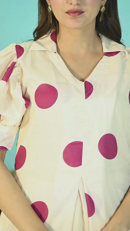 Off White Maroon Polka Dot Set