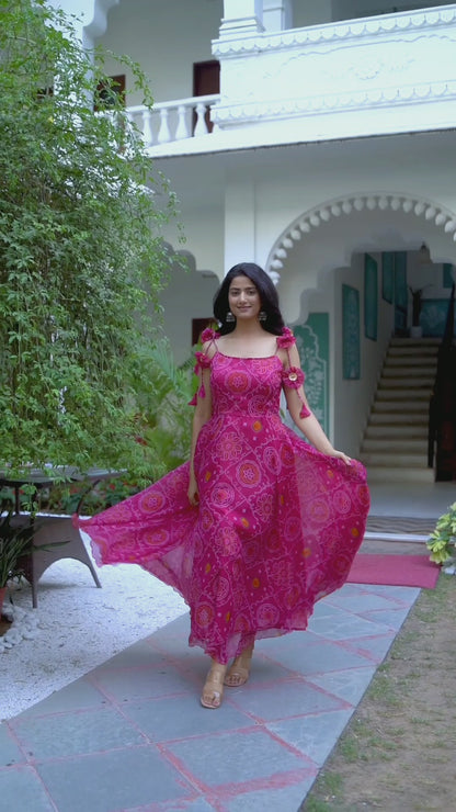 Pink Bandhani Flared Tie-Up Gown