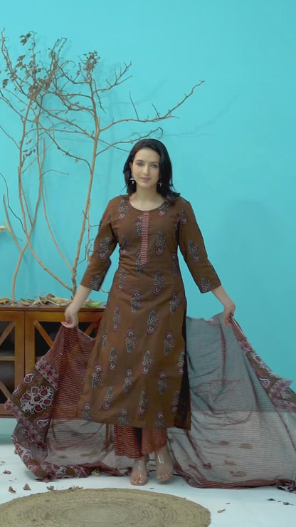 Brown Printed Cotton 3pc Suit Set