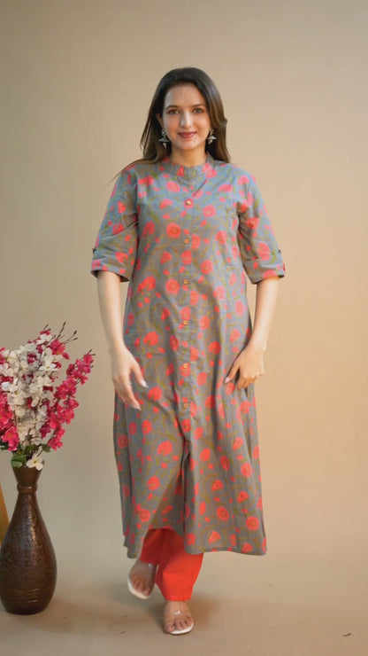 Gray Floral Kurta Pant Set