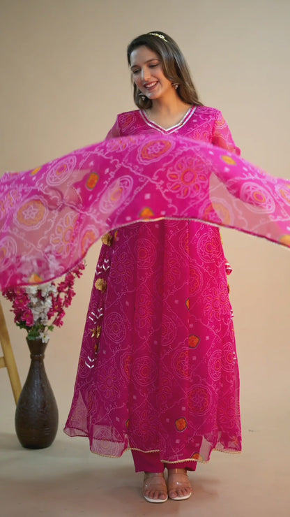 Bandhani Anarkali Side Dori Suit Set