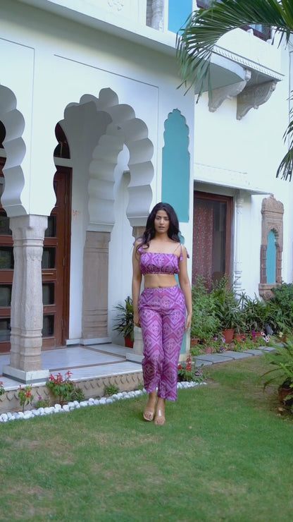 Wine Bandhani Crop Top Shirt Set