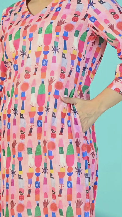 Pink Printed Cotton kurta Pants Set