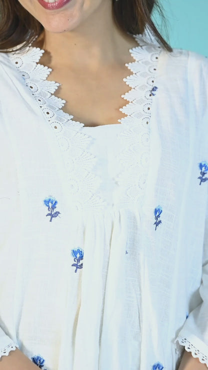 White Blue Embroidery Kurta Pant Set