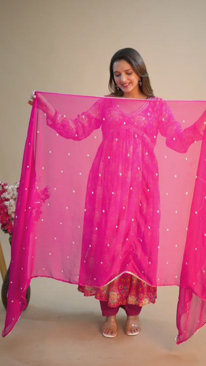 Pink Printed Alia Cut Suit Set