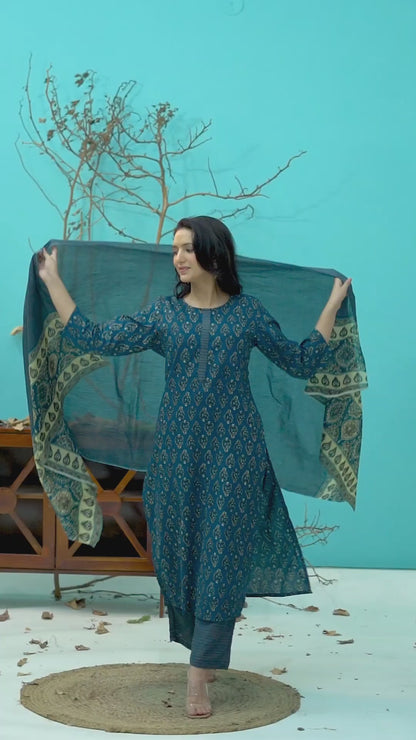 Teal Printed Cotton Suit Set