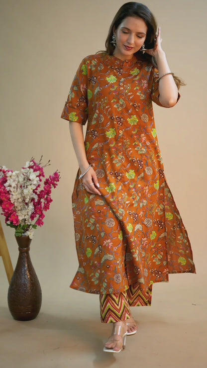Brown Printed Kurta Pant Set