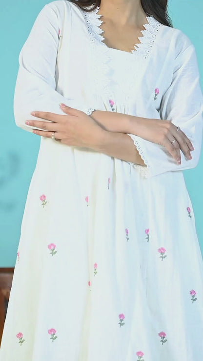 White Pink Embroidery Kurta Pant Set