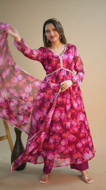 Wine Floral Alia Cut Suit Set