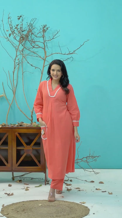 Peach Cotton Bird Kurta set
