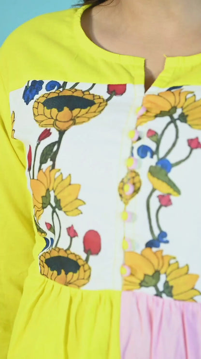 Yellow Pink Patch Work Kurta Pants Set