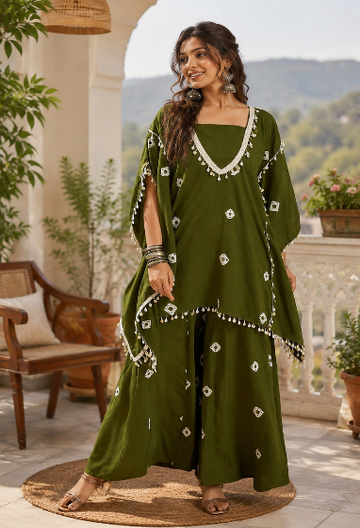 Bandhani Printed Kaftan And Crop Top With Sharara
