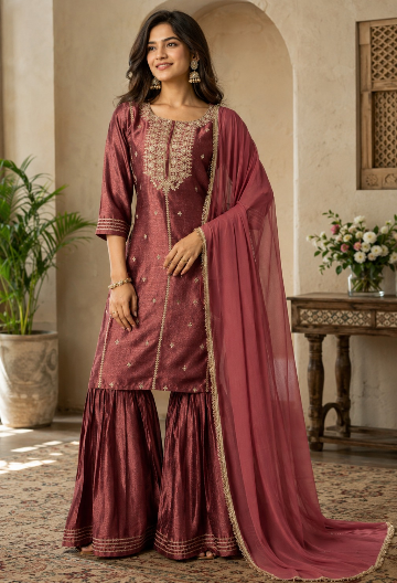 Maroon Embroidered Kurti with Sharara & Dupatta