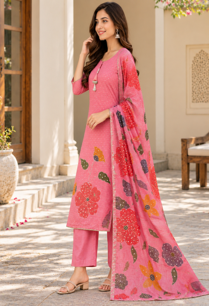 Premium Tissue 3pc Suit Set With Appliqué Work