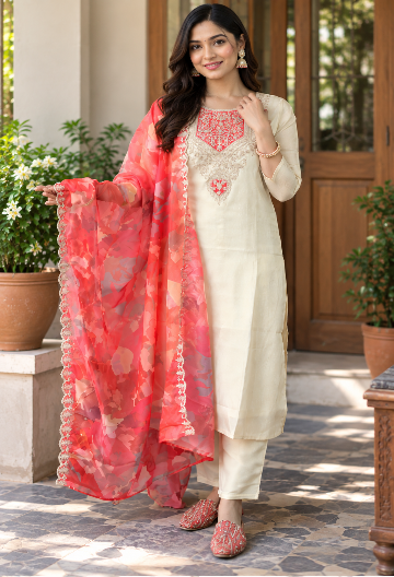 Cream Cotton Embroidered Suit Set