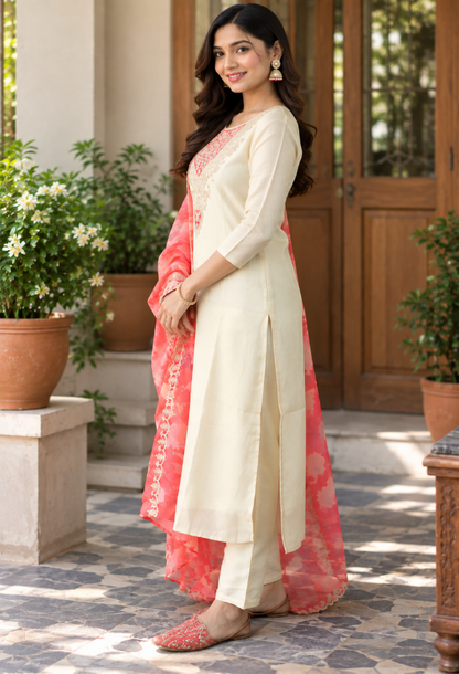 Cream Cotton Embroidered Suit Set